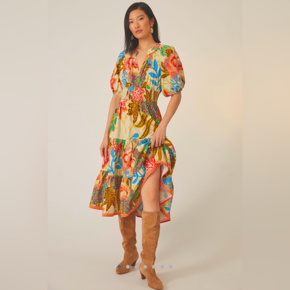 Conditions Apply Anthropologie Puff Sleeved Floral Midi Dress Tomato Girl Summer